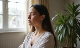A woman meditating peacefully, symbolizing stress management